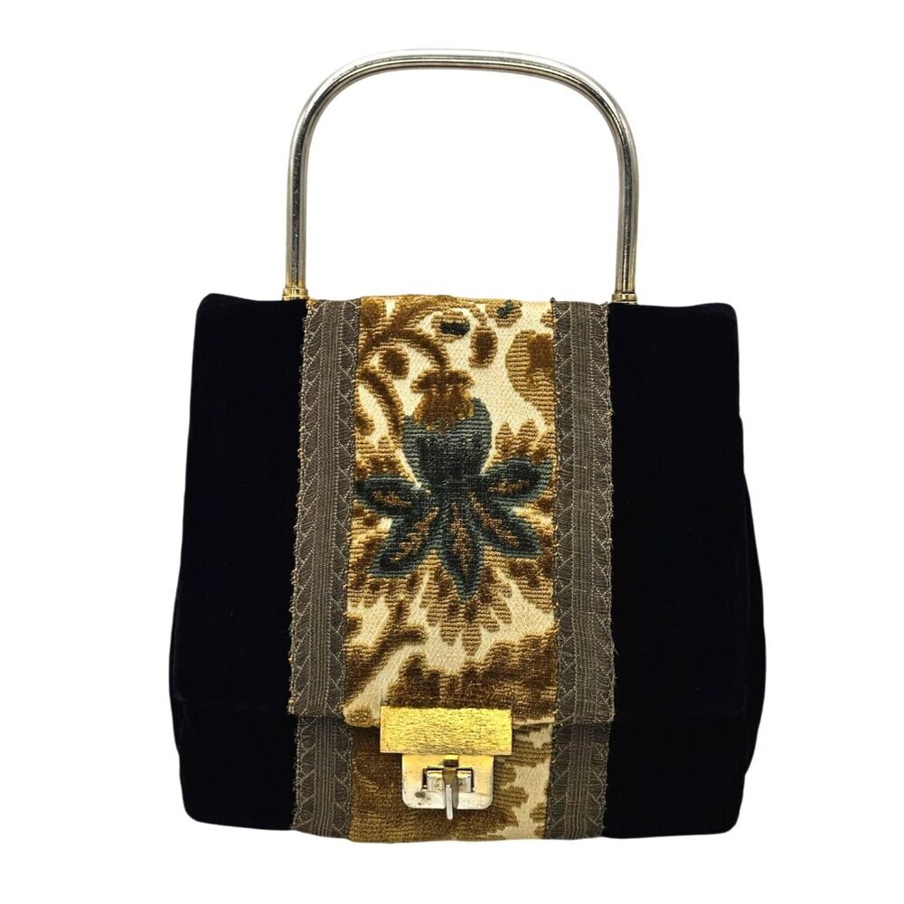 Vintage 1960/70s Black Velvet Brocade Purse Handbag Metal Handle